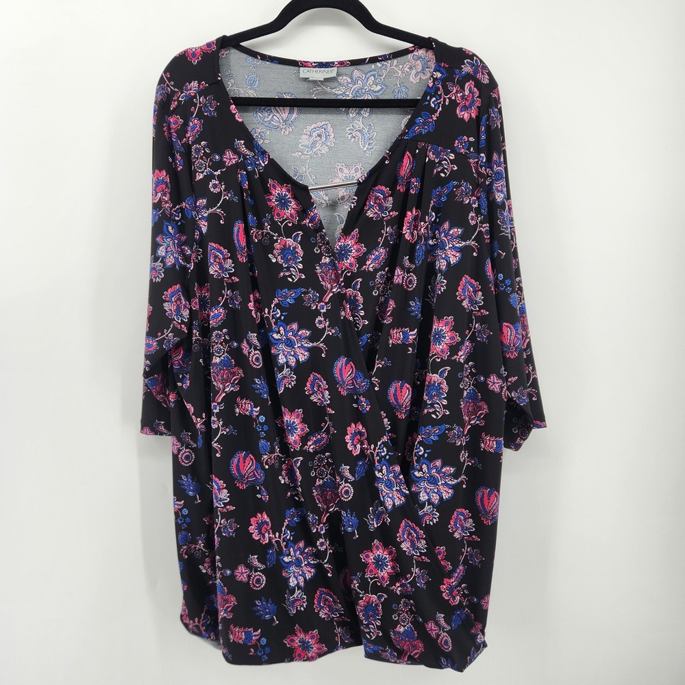Catherines 2X Floral Print 3/4 Sleeve Faux Wrap Top Blouse Plus Size